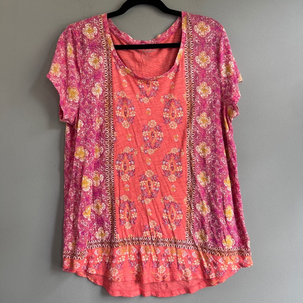 Lucky Brand Womens Large Pink Coral Paisley Floral Mixed Print Scoop Neck Top